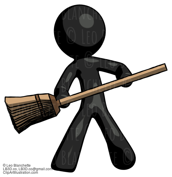 Black Design Mascot Man Broom Fighter Defense Pose #10599