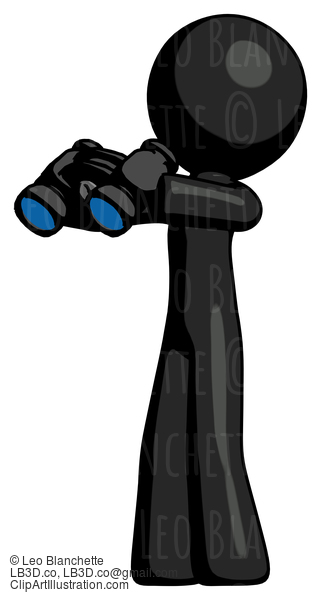 Black Design Mascot Man Holding Binoculars Ready To Look Left #10601