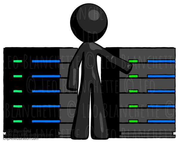 Black Design Mascot Man With Server Racks, In Front Of Two Networked Systems #10602