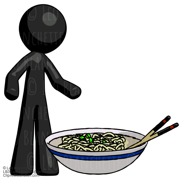 Black Design Mascot Man And Noodle Bowl, Giant Soup Restaraunt Concept #10603