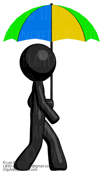 Black Design Mascot Man Walking With Colored Umbrella #10604
