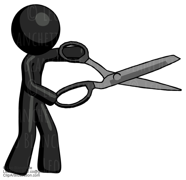 Black Design Mascot Man Holding Giant Scissors Cutting Out Something #10606