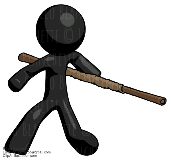 Black Design Mascot Man Bo Staff Action Hero Kung Fu Pose #10607