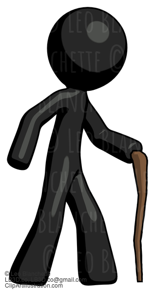 Black Design Mascot Man Walking With Hiking Stick #10610