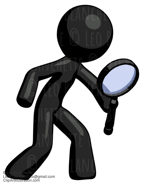 Black Design Mascot Man Inspecting With Large Magnifying Glass Right #10612