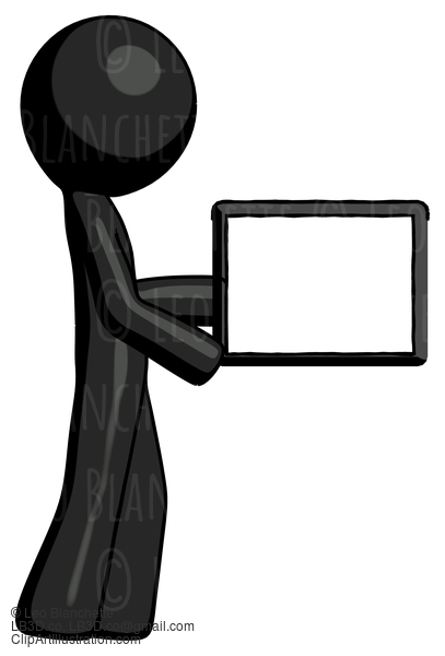 Black Design Mascot Man Show Tablet Device Computer To Viewer, Blank Area #10615