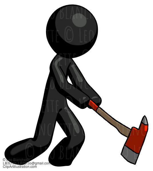 Black Design Mascot Man Striking With A Red Firefighter’S Ax #10623