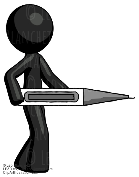 Black Design Mascot Man Walking With Large Thermometer #10626