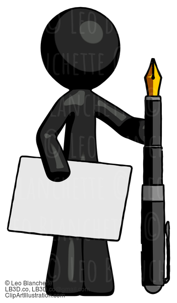 Black Design Mascot Man Holding Large Envelope And Calligraphy Pen #10627
