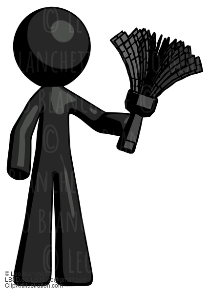 Black Design Mascot Man Holding Feather Duster Facing Forward #10629