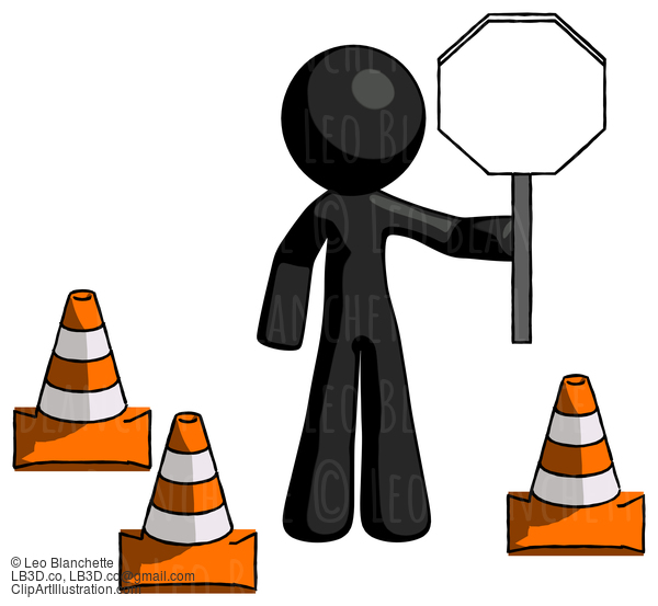 Black Design Mascot Man Holding Stop Sign By Traffic Cones Under Construction Concept #10630