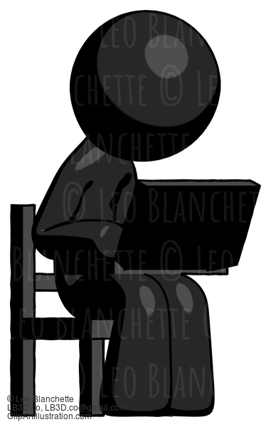Black Design Mascot Man Using Laptop Computer While Sitting In Chair Angled Right #10636