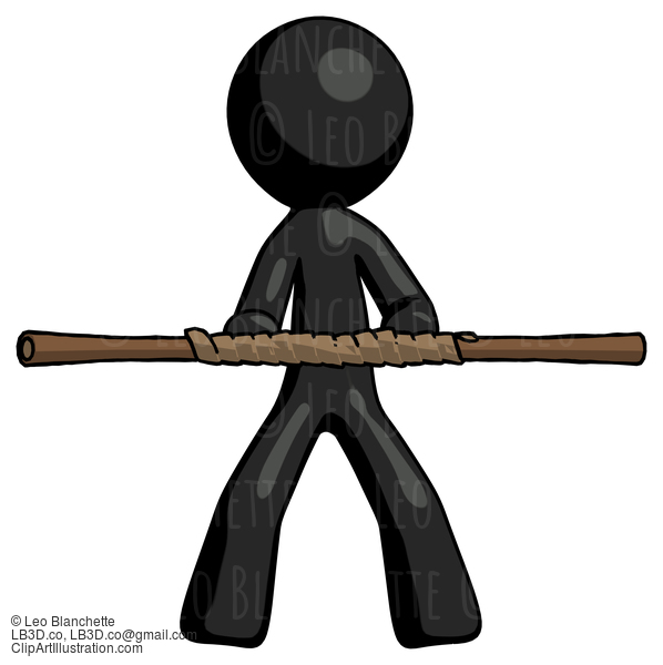 Black Design Mascot Man Bo Staff Kung Fu Defense Pose #10639