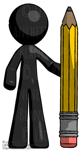 Black Design Mascot Man With Large Pencil Standing Ready To Write #10643