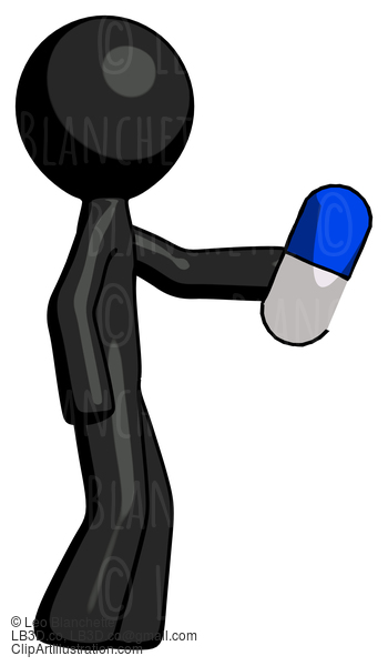 Black Design Mascot Man Holding Blue Pill Walking To Right #10644