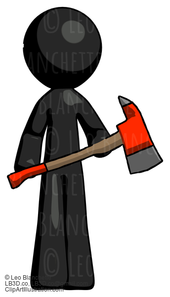 Black Design Mascot Man Holding Red Fire Fighter’S Ax #10647