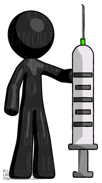 Black Design Mascot Man Holding Large Syringe #10651