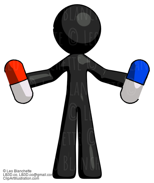 Black Design Mascot Man Holding A Red Pill And Blue Pill #10652