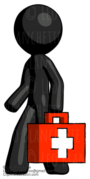 Black Design Mascot Man Walking With Medical Aid Briefcase To Left #10653