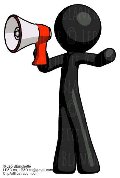 Black Design Mascot Man Shouting Into Megaphone Bullhorn Facing Left #10655