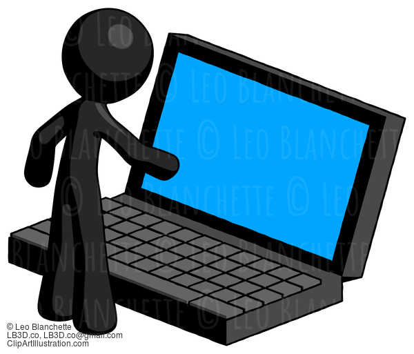 Black Design Mascot Man Using Large Laptop Computer #10656