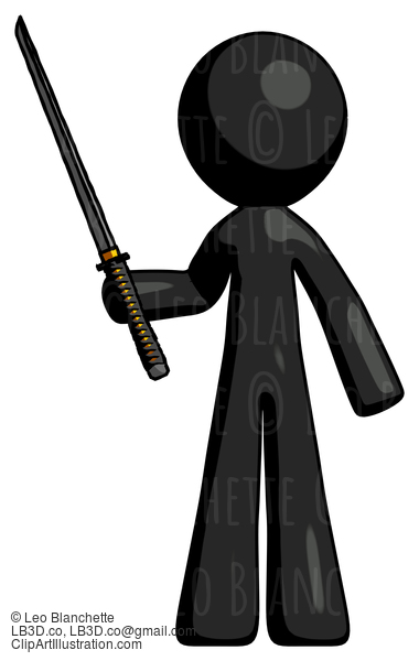 Black Design Mascot Man Standing Up With Ninja Sword Katana #10660
