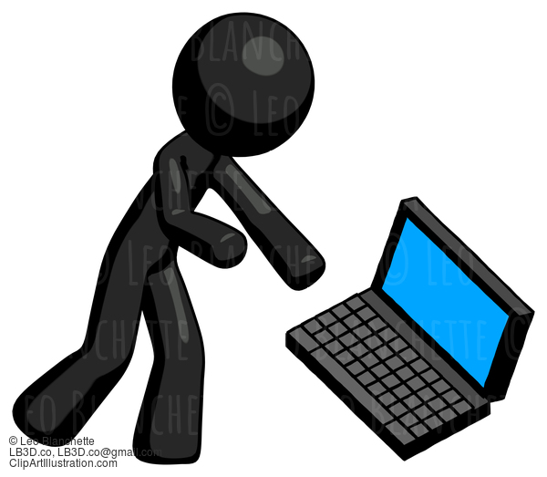 Black Design Mascot Man Throwing Laptop Computer In Frustration #10661
