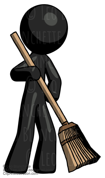 Black Design Mascot Man Sweeping Area With Broom #10663
