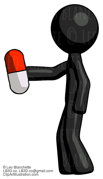 Black Design Mascot Man Holding Red Pill Walking To Left #10670