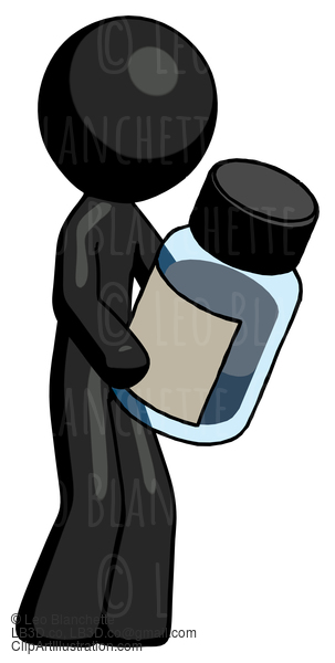 Black Design Mascot Man Holding Glass Medicine Bottle #10672