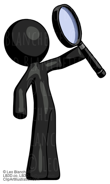 Black Design Mascot Man Inspecting With Large Magnifying Glass Facing Up #10675