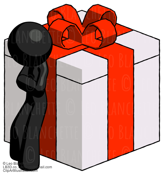 Black Design Mascot Man Leaning On Gift With Red Bow Angle View #10676
