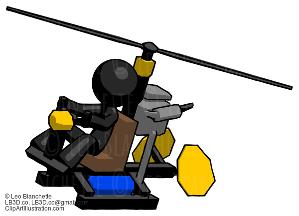 Black Design Mascot Man Flying In Gyrocopter Front Side Angle Top View #10679