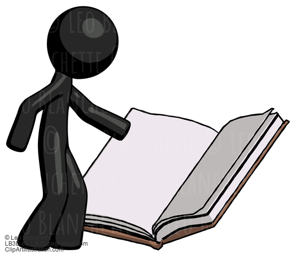 Black Design Mascot Man Reading Big Book While Standing Beside It #10680