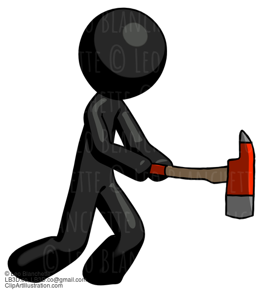 Black Design Mascot Man With Ax Hitting, Striking, Or Chopping #10681