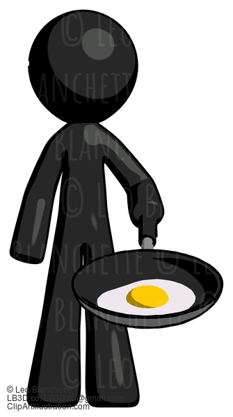 Black Design Mascot Man Frying Egg In Pan Or Wok #10691