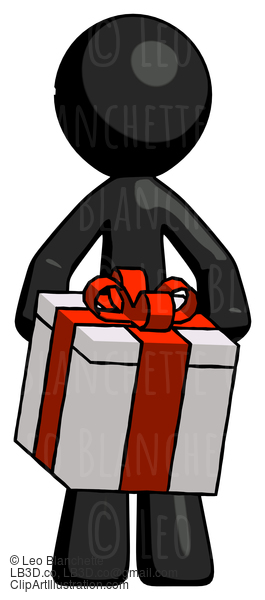 Black Design Mascot Man Gifting Present With Large Bow Front View #10700