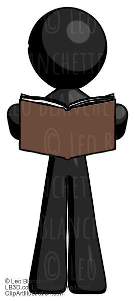 Black Design Mascot Man Reading Book While Standing Up Facing Viewer #10702