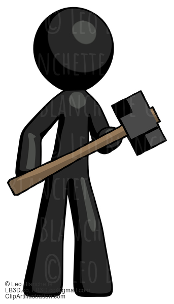 Black Design Mascot Man With Sledgehammer Standing Ready To Work Or Defend #10705