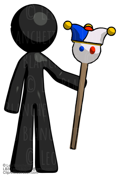 Black Design Mascot Man Holding Jester Staff #10712