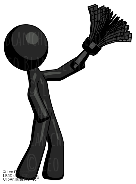 Black Design Mascot Man Dusting With Feather Duster Upwards #10723