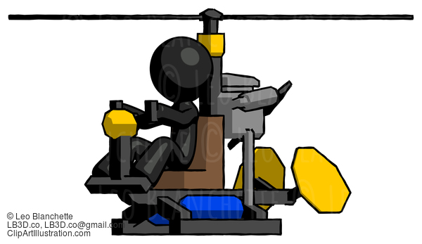 Black Design Mascot Man Flying In Gyrocopter Front Side Angle View #10725