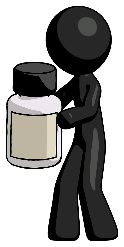 Black Design Mascot Man Holding White Medicine Bottle