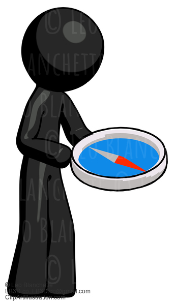 Black Design Mascot Man Looking At Large Compass Facing Right #10732