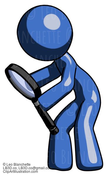 Blue Design Mascot Man Inspecting With Large Magnifying Glass Left #11346