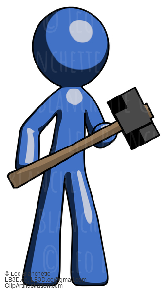 Blue Design Mascot Man With Sledgehammer Standing Ready To Work Or Defend #11347