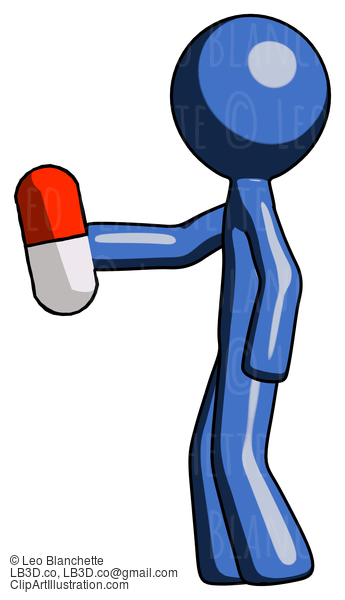 Blue Design Mascot Man Holding Red Pill Walking To Left #11349