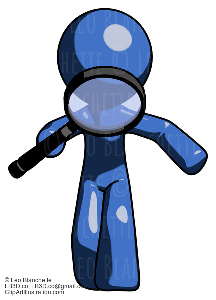 Blue Design Mascot Man Looking Down Through Magnifying Glass #11353