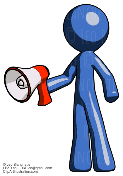 Blue Design Mascot Man Holding Megaphone Bullhorn Facing Right #11355