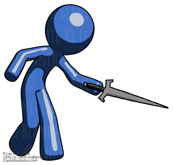 Blue Design Mascot Man Sword Pose Stabbing Or Jabbing #11356